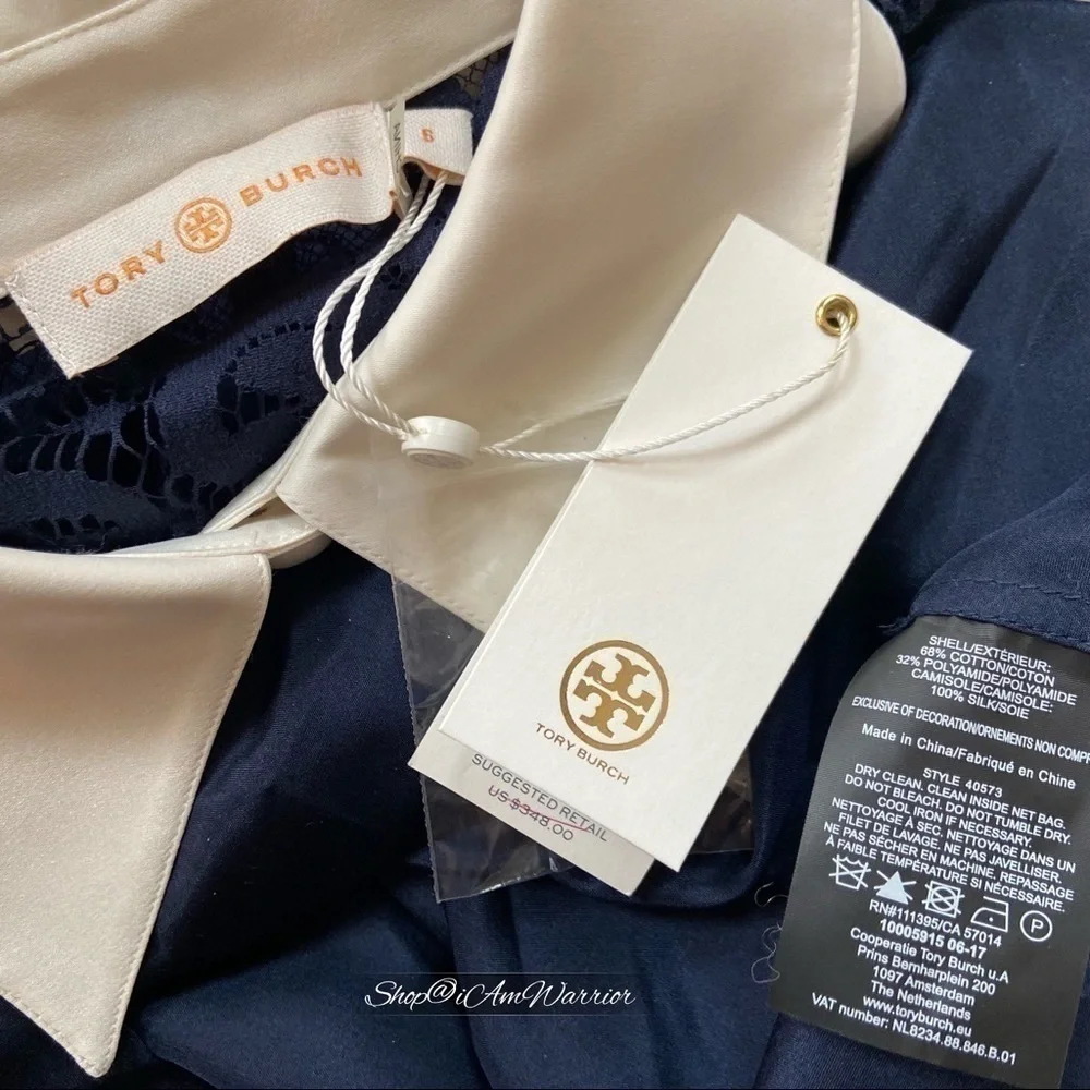 Tory Burch NWT navy lace blouse w/ ivory cuffs & collar with removable neck tie